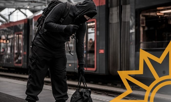 Mann mit Tasche auf dem Bahngleis neben Zug