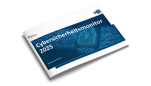 Titelbild der Broschüre "Cybersicherheitsmonitor 2025 Ergebnispräsentation" mit einem abstrakten Muster im Hintergrund aus digitalen Elementen, dass das Thema Cybersicherheit visualisiert. Logos von BSI und ProPK sind abgebildet.