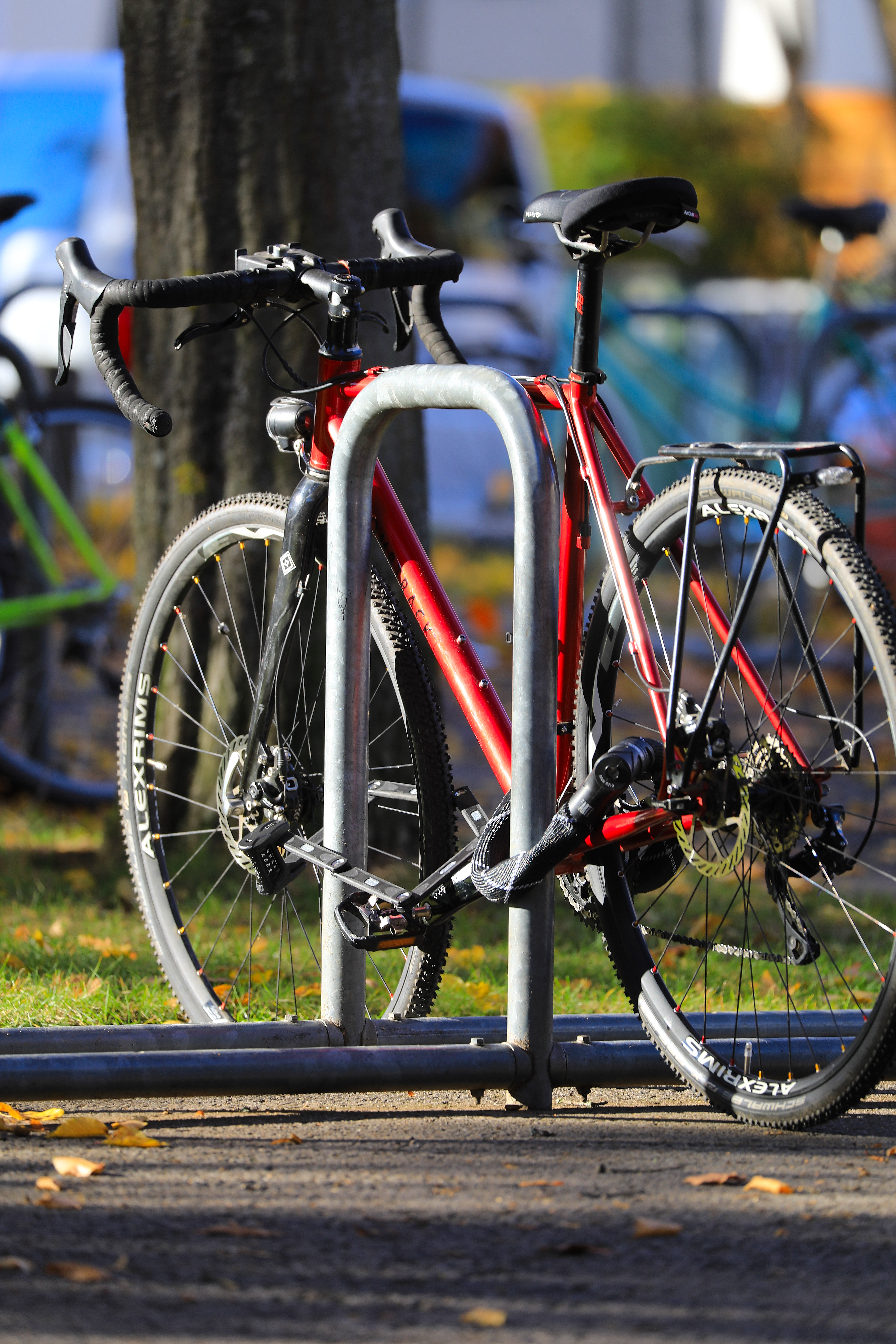 Fahrrad mit Fahrradschlössern richtig gesichert an fest verankertem Fahrradständer.