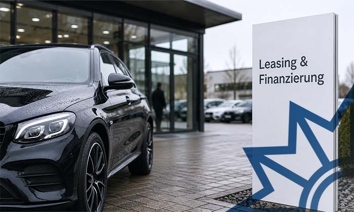 Schwarzes Leasingfahrzeug vor modernem Autohaus neben einem Schild mit der Aufschrift „Leasing & Finanzierung“ als Symbolbild für betrügerische Fahrzeugfinanzierung und Autodiebstahl durch Unterschlagung.