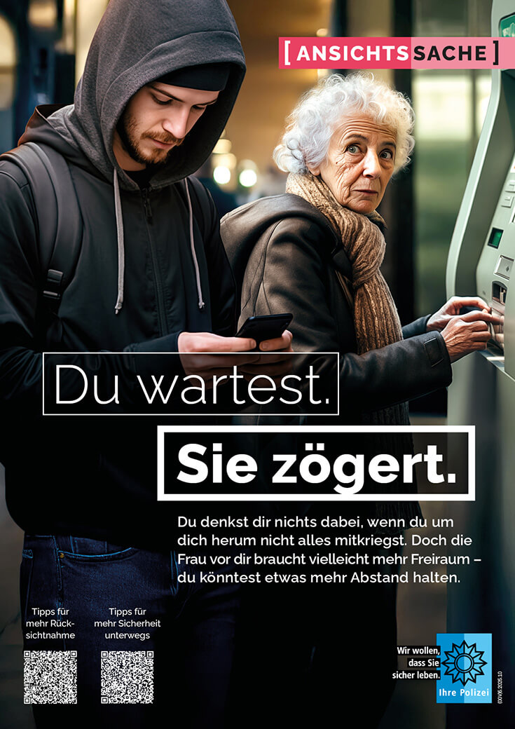 Plakat Ansichtssache: Du wartest. Sie zögert. - Plakat der Polizei für mehr Rücksicht am Geldautomaten Plakat „Ansichtssache“: Ein junger Mann steht dicht hinter einer älteren Frau am Geldautomaten. Text „Du wartest. Sie zögert.“ appelliert an Abstand und Rücksichtname.