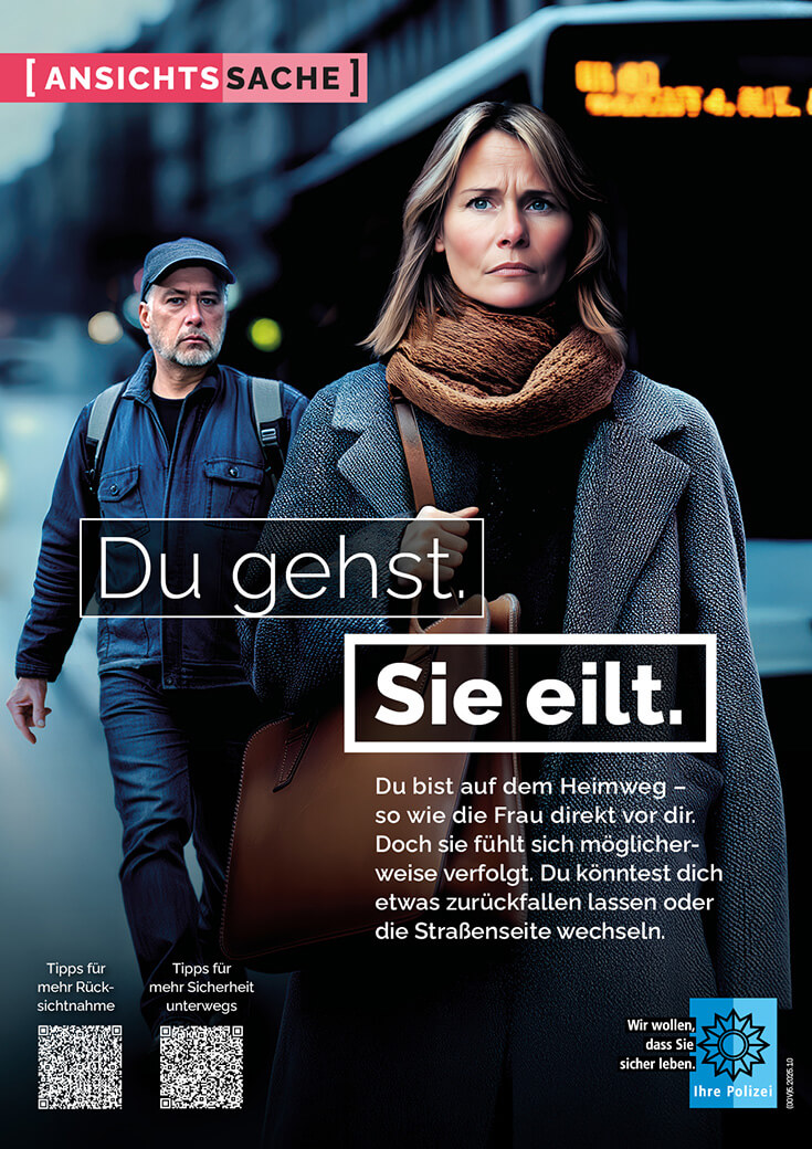 Plakat Ansichtssache: „Du gehst. Sie eilt.“ - Polizei-Kampagne für Rücksicht unterwegs Eine Frau eilt an der Haltestelle, ein Mann geht hinter ihr. Das Plakat „Du gehst. Sie eilt.“ ruft zu Rücksicht auf und empfiehlt Abstand bzw. die Straßenseite zu wechseln.