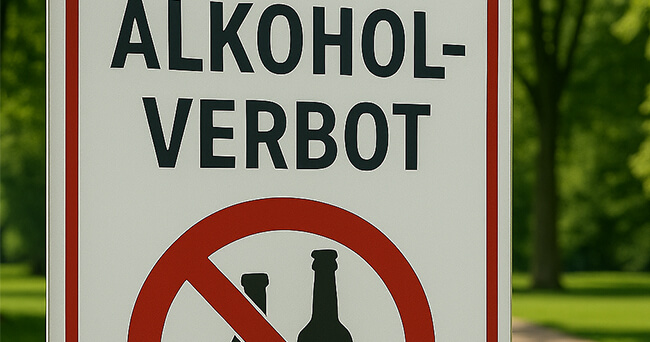 Ein weißes Schild mit rotem Rand und der Aufschrift „Alkoholverbot“. Darunter ist ein Symbol mit durchgestrichenen Flaschen zu sehen. Im Hintergrund sind grüne Bäume erkennbar.