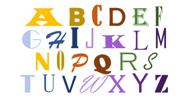 Illustration mit den Buchstaben A bis Z in verschiedenen Farben und Schriftarten auf weißem Hintergrund