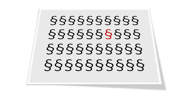 Weiße Fläche mit zahlreichen schwarzen Paragrafenzeichen, eines davon in Rot hervorgehoben