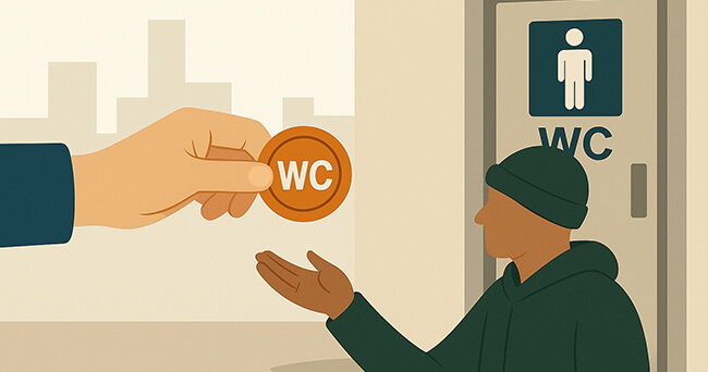 Illustration mit einer großen Hand, die einen Toiletten Jeton an eine kleine Person mit Mütze überreicht. Die Person steht vor einer Tür mit einem WC-Schild.