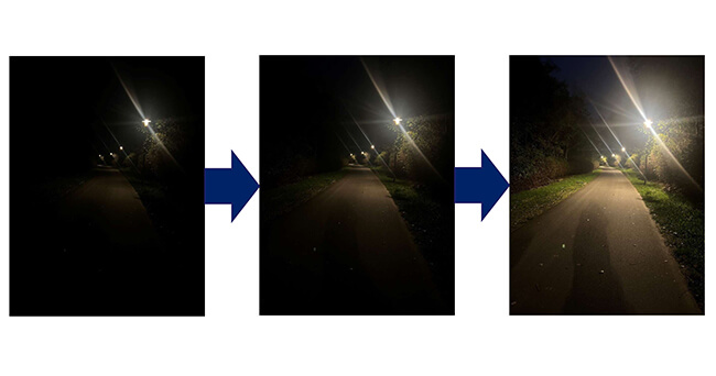 Drei nebeneinanderstehende Bilder zeigen einen beleuchteten Rad- und Fußweg bei Nacht in unterschiedlichen Helligkeitsstufen, von sehr dunkel bis gut ausgeleuchtet.