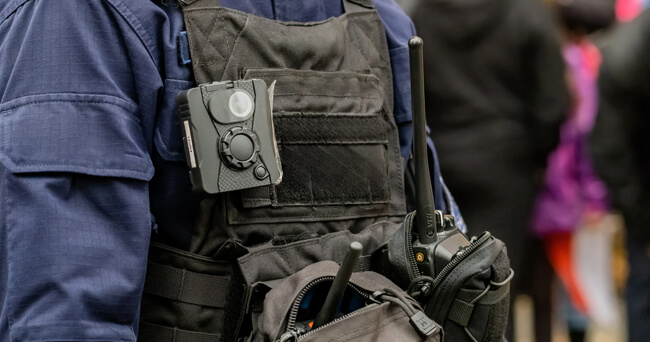 Eine Bodycam ist gut sichtbar an der Einsatzweste eines Polizeibeamten befestigt, daneben ein Funkgerät. Die Szene findet inmitten einer Menschenmenge statt.