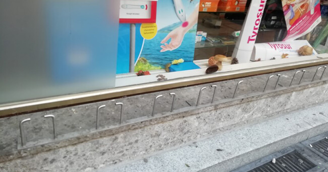 Fensterbank eines Geschäfts mit Spikes versehen, um das Sitzen oder Lagern auf der Fläche zu verhindern. Beispiel für sogenannte defensive oder feindliche Architektur im öffentlichen Raum.