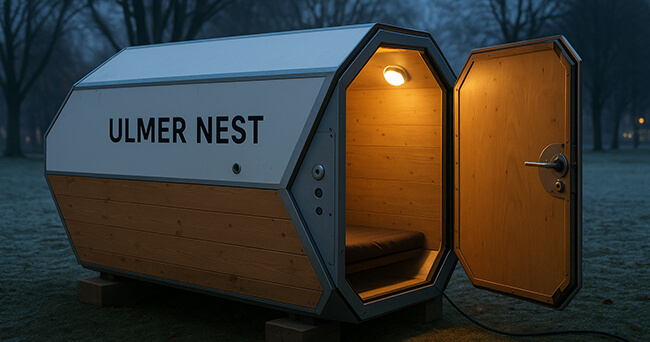 Eine geöffnete, beleuchtete Schlafkapsel aus Holz und Stahl mit der Aufschrift „Ulmer Nest“ steht im Freien und dient als Schutz für Obdachlose in kalten Nächten.