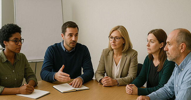 Verschieden soziale Akteurinnen und Akteure sitzen um einen runden Tisch und besprechen in einer Fallkonferenz, wie einem Suchtkranken am besten geholfen werden kann.