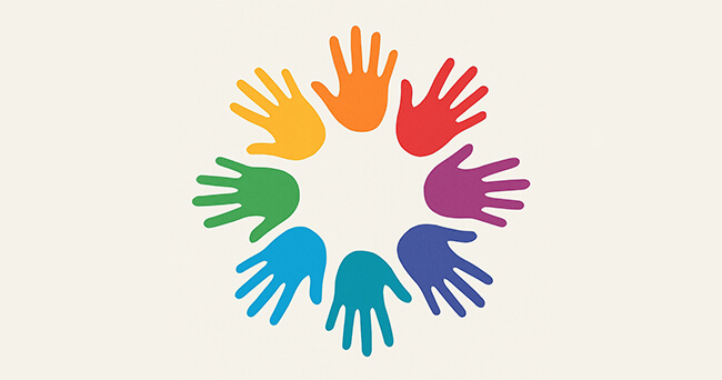 Illustration eines Kreises aus bunten Handabdrücken auf hellem Hintergrund. Die Hände sind in Regenbogenfarben gestaltet.