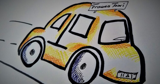 Gezeichnetes gelbes Taxi mit der Aufschrift „Frauen Taxi“ auf einem Schild auf dem Dach, stilisiert dargestellt mit schwarzen Konturen und Farbflächen.