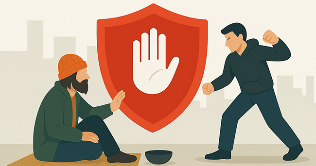 Illustration: Eine sitzende Person mit Mütze hebt schützend die Hand, während eine stehende Person mit erhobener Faust auf sie zugeht. Zwischen beiden ist ein rotes Schild mit einer weißen Stopp-Hand zu sehen, das Schutz symbolisiert.