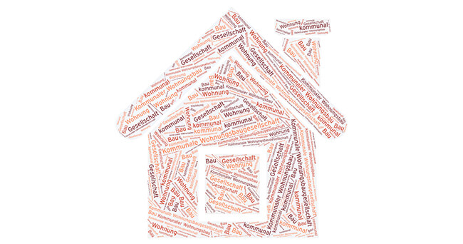 Wortwolke in Form eines stilisierten Hauses, gefüllt mit Begriffen wie „kommunal“, „Gesellschaft“, „Bau“ und „Wohnung“ in unterschiedlichen Rottönen, auf weißem Hintergrund.