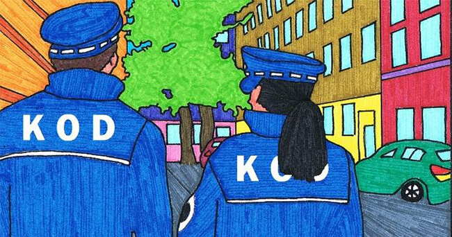 Illustration: Zwei uniformierte Mitglieder des Kommunalen Ordnungsdienstes gehen nebeneinander durch eine bunt gestaltete Straße, auf deren Rückseite die Aufschrift „KOD“ zu sehen ist.