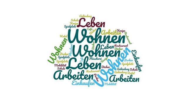 Grafische Wortwolke in der Form eines stilisierten Hauses, bestehend aus Begriffen wie „Wohnen“, „Leben“, „Arbeiten“ und weiteren, in verschiedenen Farben und Schriftgrößen dargestellt.