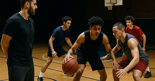 Junge Heranwachsende spielen am späten Abend in einer Sporthalle Basketball, betreut von einem Sozialarbeiter.