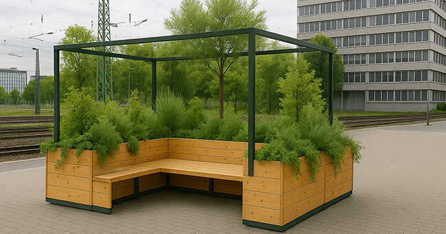 Transportables, bepflanztes Raum-Modul mit grünen Wänden und Sitzgelegenheiten, das im öffentlichen Raum Schatten und Kühlung bietet.