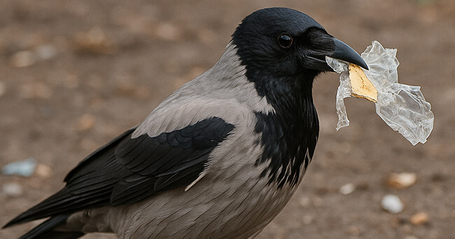 Nahaufnahme einer Nebelkrähe, die ein Stück Plastikmüll im Schnabel hält, auf einem sandigen Untergrund.