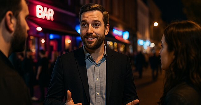 Ein Mann im Anzug unterhält sich abends lächelnd mit zwei Personen auf einer belebten, hell erleuchteten Straße vor einer Bar.