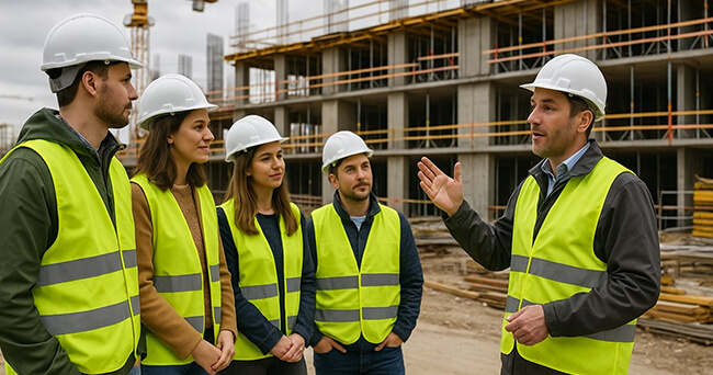 Eine Gruppe von vier Personen in gelben Warnwesten und weißen Schutzhelmen hört einem Mann zu, der vor einer Baustelle mit mehrstöckigem Rohbau steht und spricht. Im Hintergrund sind Baukräne und Gerüste sichtbar.