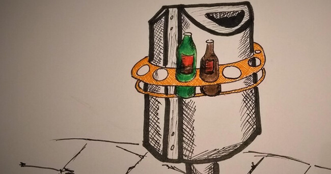 Eine handgezeichnete Illustration zeigt einen Mülleimer mit einem umlaufenden Pfandring, in dem zwei leere Flaschen stehen. Der Pfandring ist farbig hervorgehoben.