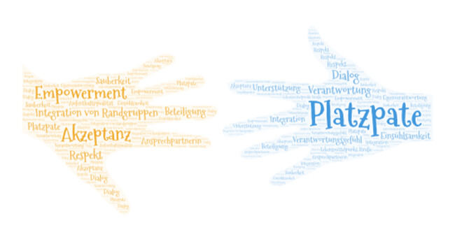 Zwei stilisierte Hände aus Begriffen wie „Akzeptanz“, „Empowerment“, „Platzpate“, „Integration“ und „Verantwortung“ symbolisieren Beteiligung und soziale Integration durch Platzpatenschaften.