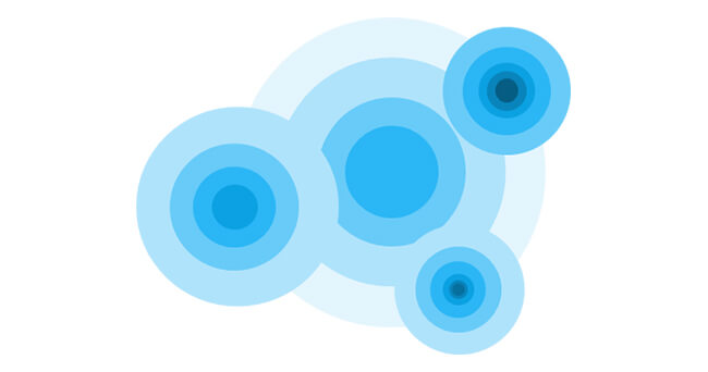 Stilisierte Darstellung von vier sich überlappenden, konzentrischen Kreisen in verschiedenen Blautönen. Symbolisch für Datenanalyse und Vorhersagemuster im Predictive Policing.