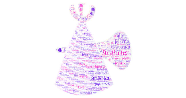 Wortwolke in Form einer stilisierten Figur mit Trompete, bestehend aus Begriffen wie „Straßenfest“, „feiern“, „Gemeinschaft“, „Musik“ und „Kennenlernen“ in verschiedenen Farben.