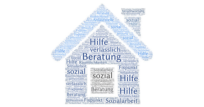 Wortwolke in Form eines Hauses mit Begriffen wie „sozial“, „Hilfe“, „Beratung“ und „verlässlich“, die zentrale Aspekte der aufsuchenden Sozialarbeit symbolisieren.