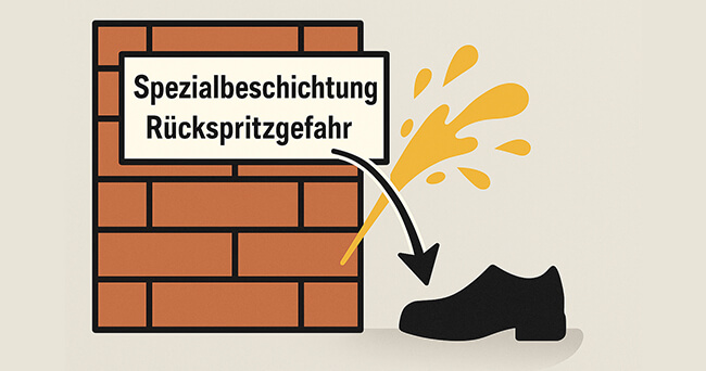Illustration einer Ziegelmauer mit Schild „Spezialbeschichtung Rückspritzgefahr“ und grafischer Darstellung einer Flüssigkeit, die auf einen Schuh zurückspritzt.