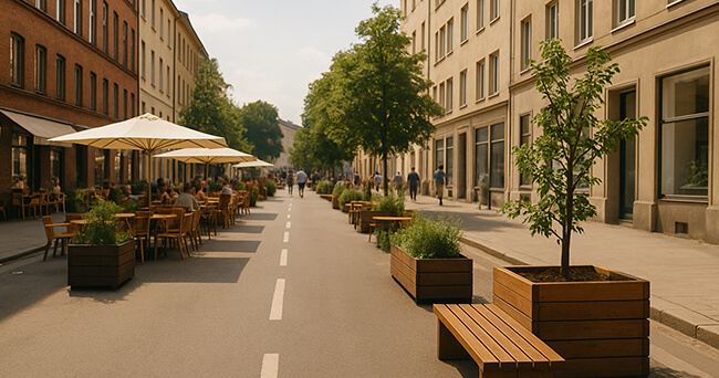 Blick auf eine für den Autoverkehr gesperrte Sommerstraße mit Tischen, Stühlen, Sonnenschirmen und großen bepflanzten Holzkübeln auf der Fahrbahn.