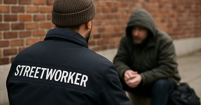 Ein Streetworker mit dunkler Jacke und der Aufschrift „Streetworker“ spricht im Freien mit einer Person in Kapuzenjacke vor einer Backsteinmauer.