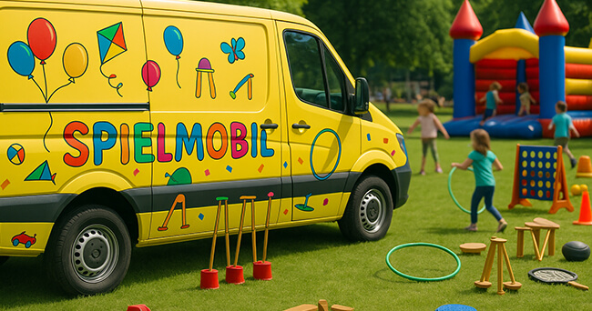 Ein gelber Transporter mit der Aufschrift „Spielmobil“ steht auf einer Wiese, umgeben von Kindern, Spielgeräten und einer Hüpfburg – das Fahrzeug dient als mobiles Spielangebot für den öffentlichen Raum.