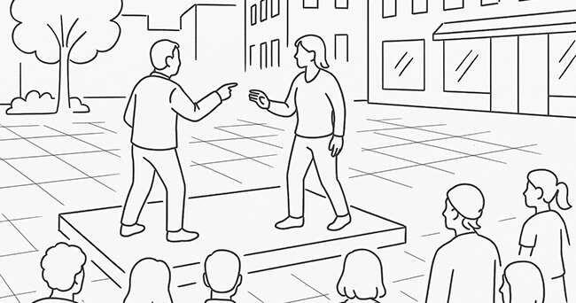 Illustration zweier Personen, die sich auf einer kleinen Bühne im öffentlichen Raum gegenüberstehen, während mehrere Zuschauer auf einem Platz zusehen.