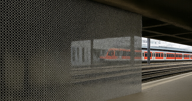 Nahaufnahme eines Vorhangs aus engmaschigem Ringgeflecht im Außenbereich an einem Bahnsteig. Im Hintergrund sind Gleise und ein Zug unscharf zu erkennen.