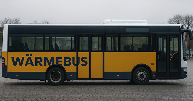 Gelb-schwarzer Linienbus mit der Aufschrift „Wärmebus“, seitlich aufgenommen, stehend auf einem gepflasterten Platz bei grauem Himmel.