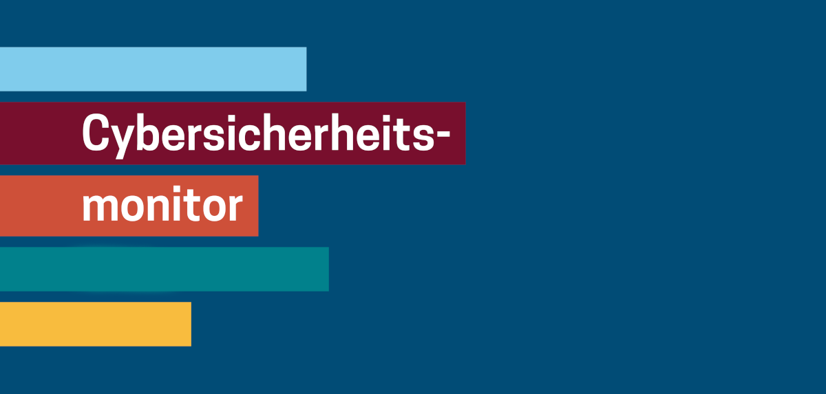 Grafik mit bunten Balken auf dunkelblauem Hintergrund. In weißen Buchstaben steht "Cybersicherheitsmonitor". Das Wort ist auf zwei unterschiedlich farbige Balken aufgeteilt.