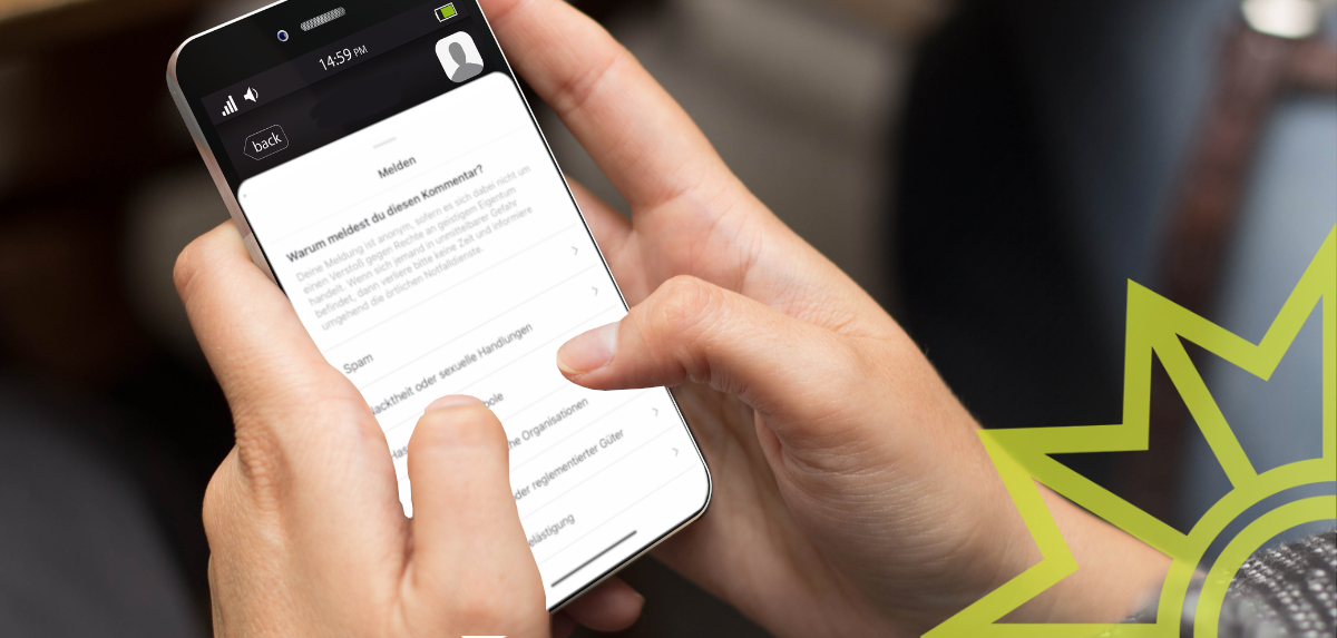 Eine Person ruft am Smartphone ein Meldeformular auf, um einen Beitrag zu melden.
