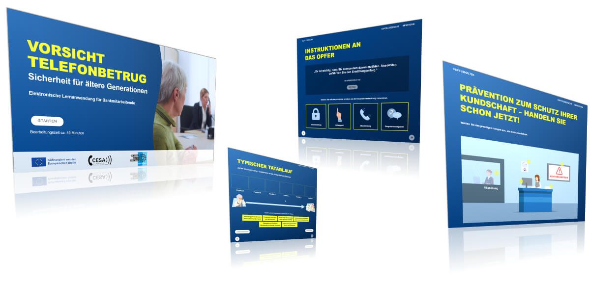 Mehrere Bildschirmdarstellungen eines E-Learning-Kurses zum Thema Telefonbetrug. Die gezeigten Ansichten beinhalten eine Startseite mit dem Titel "Vorsicht Telefonbetrug - Sicherheit für ältere Generationen", eine Inhaltsseite mit Instruktionen für Opfer sowie weitere Seiten mit Hinweisen zur Prävention. Die Gestaltung ist blau gehalten und enthält Text, Icons und Illustrationen.